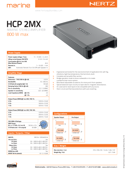 ΕΝΙΣΧΥΤΗΣ 2 ΚΑΝΑΛΙΩΝ 800W HCP2MΧ HERTZ MARINE